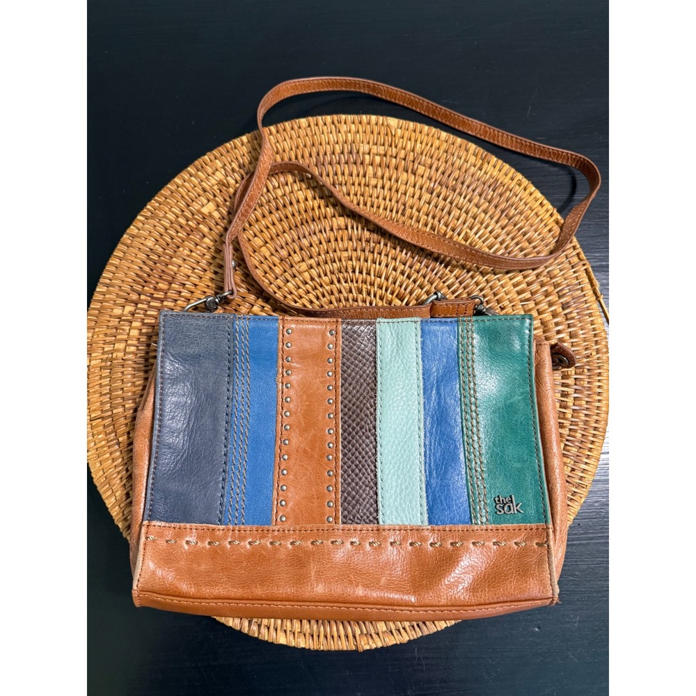 The Sak Multi Color Leather Patchwork Crossbody Bag Studded Boho Brown Green